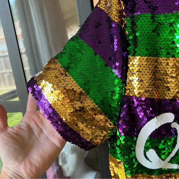 Queen of Mardi Gras sequin tshirt dress short sleeve gold purple green Louisiana - Picture 4 of 7